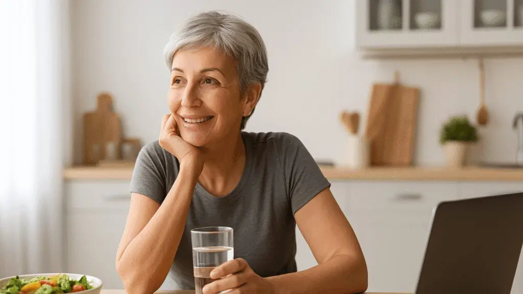 A happy older woman with gray hair smiling, holding a glass of water, and sitting at a kitchen table with a laptop and a salad.