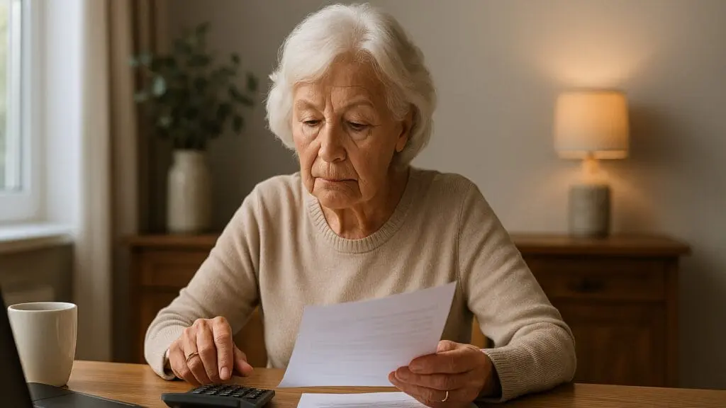 Elderly woman with white hair looking intently at financial documents and using a calculator, appearing to manage her finances at home