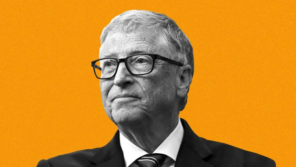 A black and white portrait of Bill Gates, wearing glasses and a suit, set against a solid orange background.