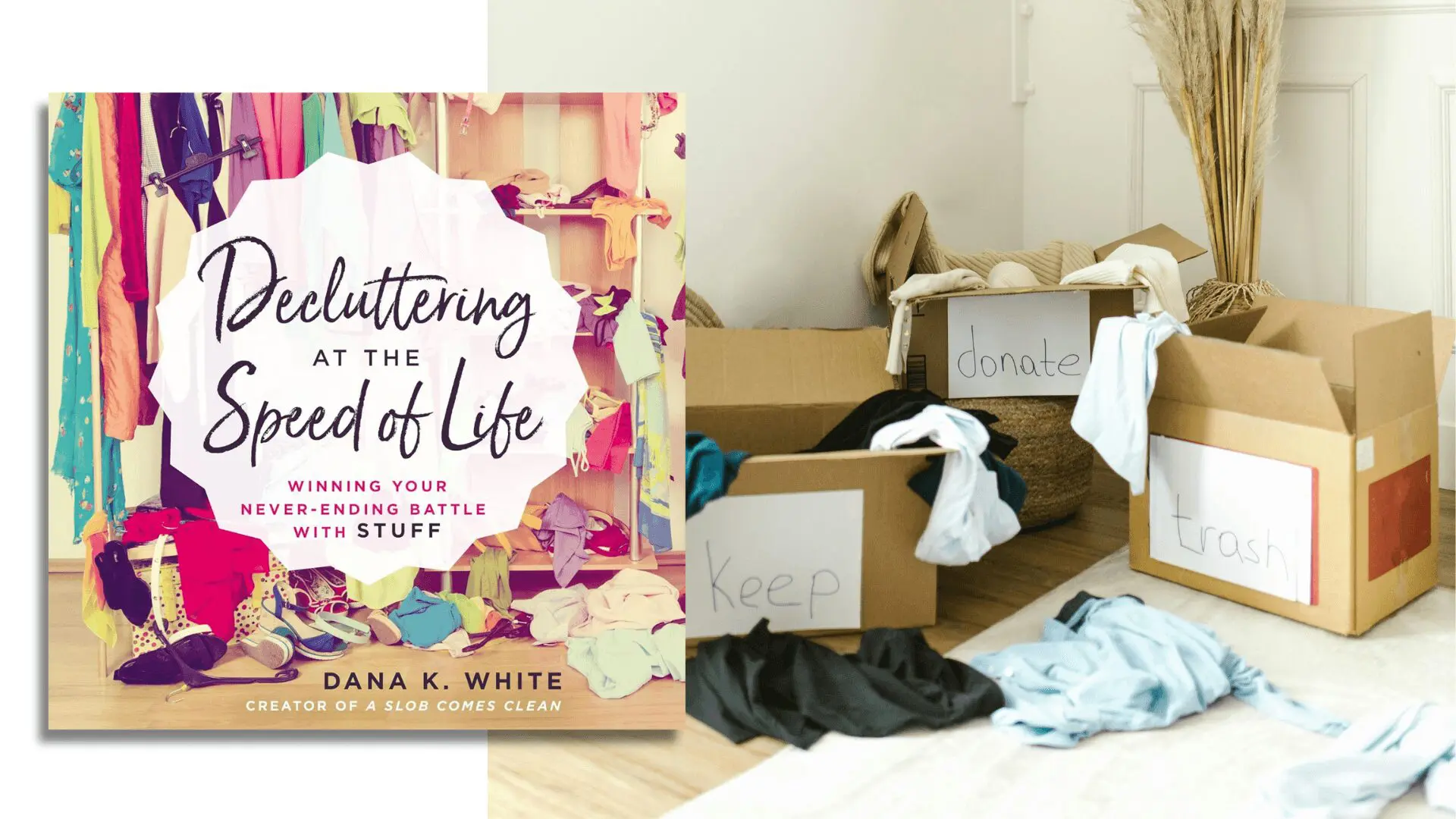 Book cover on decluttering with boxes labeled donate keep and trash