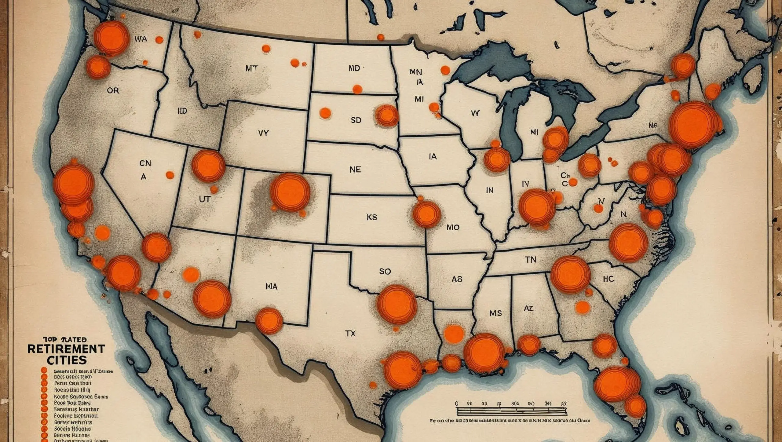 Map of the United States with orange circles indicating popular retirement cities, larger circles representing higher popularity, and a legend for "Top Retirement Cities".