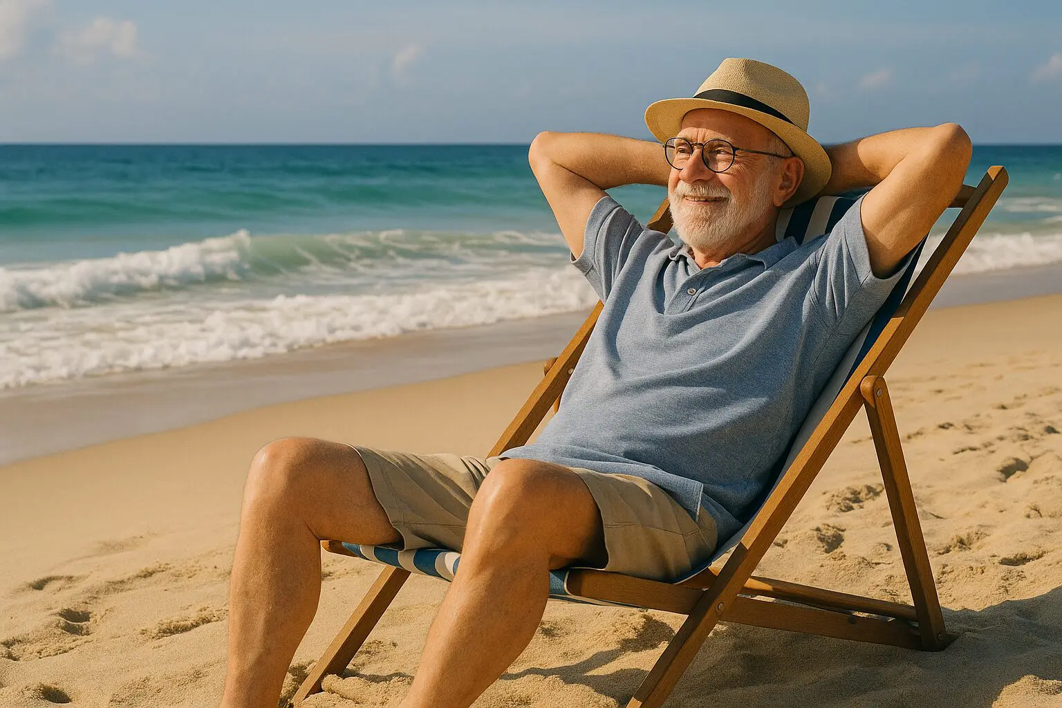 A smiling elderly man in a straw sun hat relaxing in a beach chair on a sunny day.