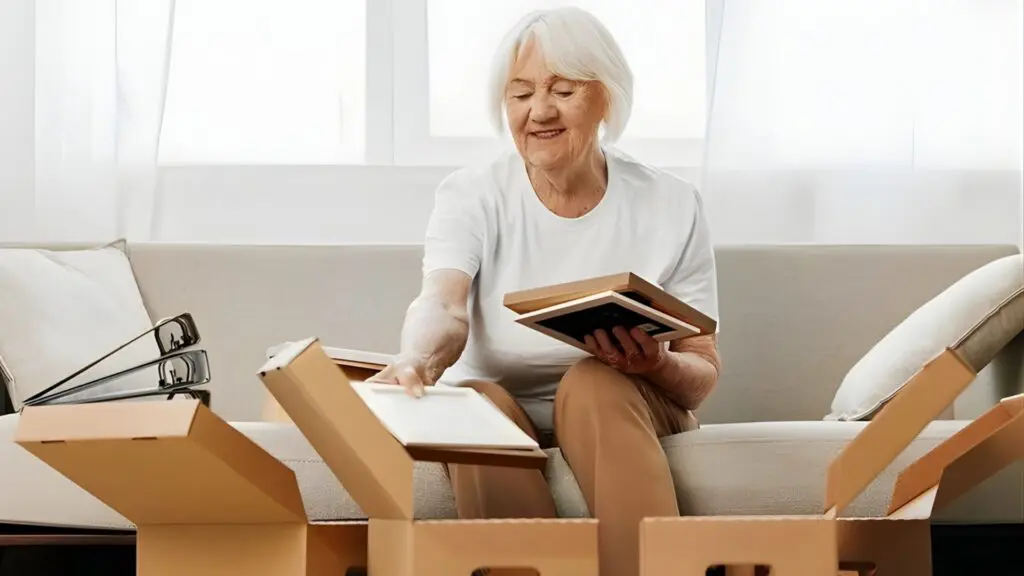 An elderly woman with short white hair sits on a light-colored sofa, smiling as she carefully packs framed photos into cardboard boxes. The room is bright and airy with soft natural light.