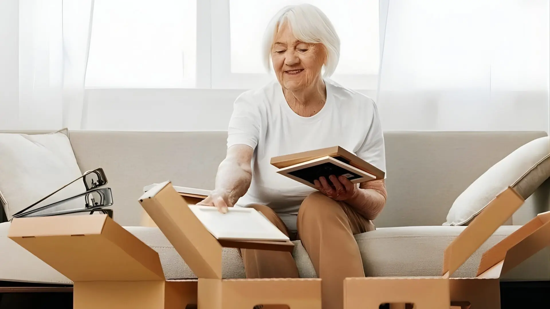 An elderly woman with short white hair sits on a light-colored sofa, smiling as she carefully packs framed photos into cardboard boxes. The room is bright and airy with soft natural light.