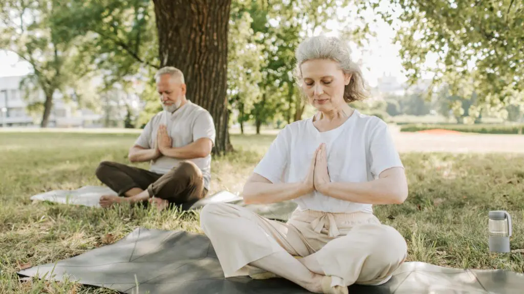 An older man and woman sitting in cross-legged meditation poses on yoga mats in a sunlit park, with hands in a prayer position and eyes closed for a peaceful mindfulness session.