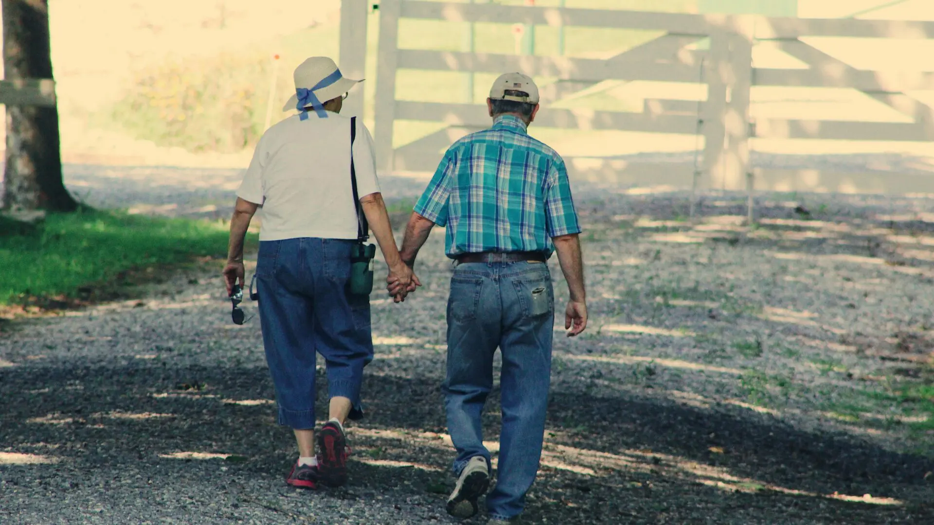 An elderly couple seen from behind walking hand-in-hand down a gravel path on a sunny day.