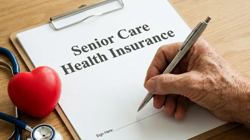 An elderly hand holding a silver pen, preparing to sign a "Senior Care Health Insurance" document on a clipboard. The document is next to a red anatomical heart and a stethoscope on a wooden table.