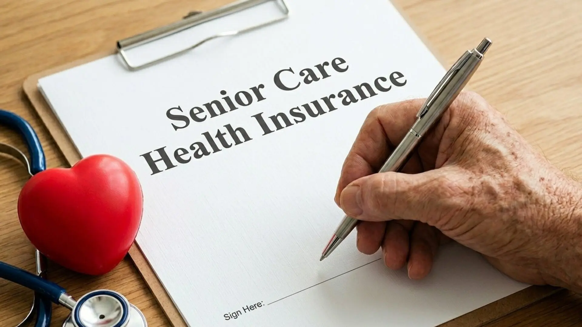 An elderly hand holding a silver pen, preparing to sign a "Senior Care Health Insurance" document on a clipboard. The document is next to a red anatomical heart and a stethoscope on a wooden table.