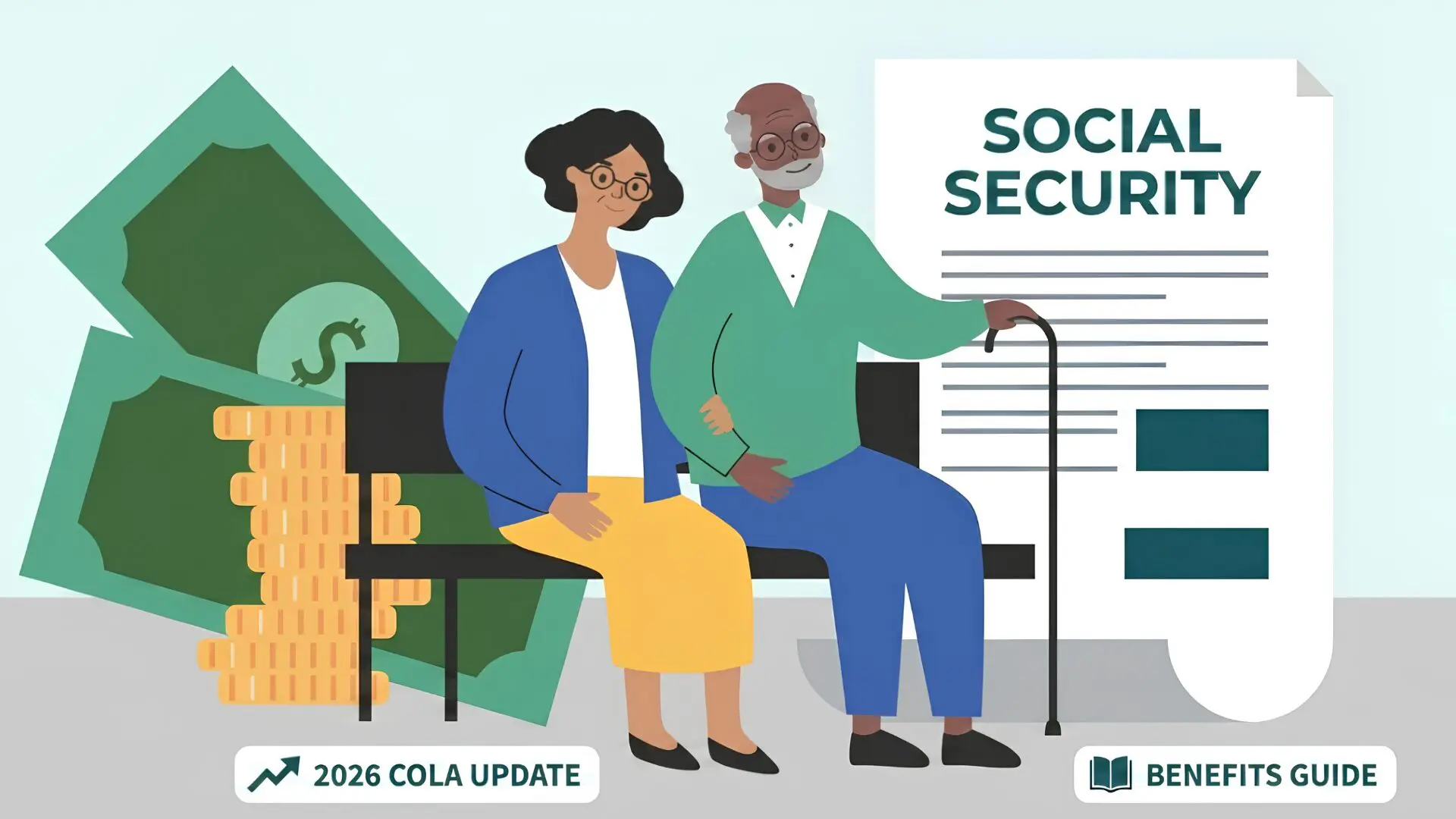 Flat illustration of a senior couple on a bench with money, coins, and a 'Social Security' document, with 2026 COLA and Benefits buttons.