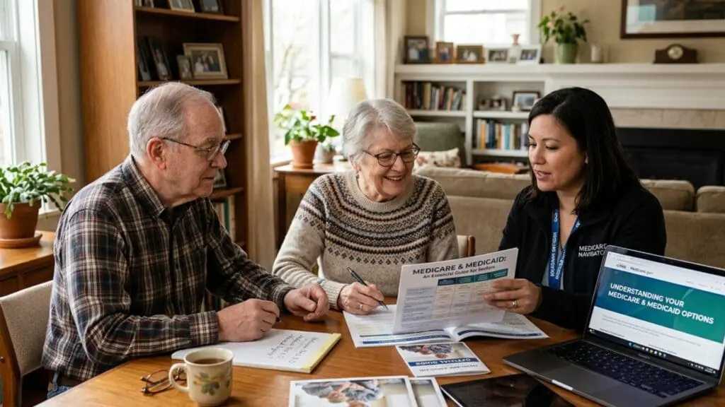 An older couple sits at a wooden dining table in a cozy home setting, reviewing healthcare documents with a professional Medicare Navigator. The navigator points to a comparison chart titled "Medicare & Medicaid," while a laptop on the table displays a website about understanding coverage options.