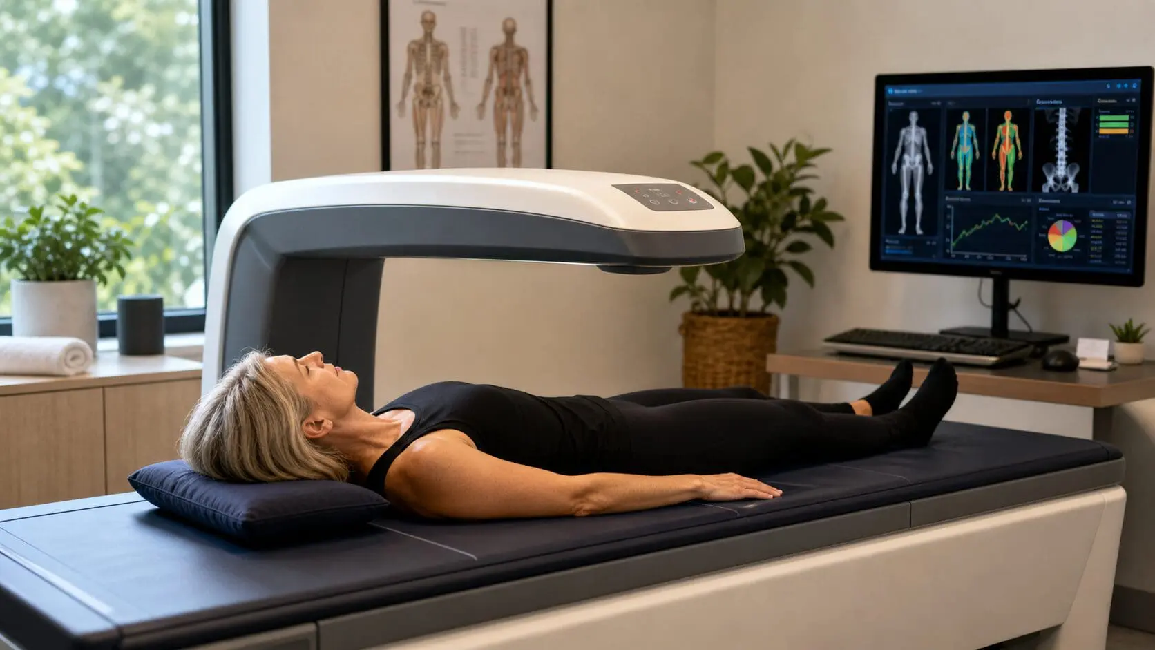 Patient lying on an MRI table under a large scanner; monitor shows body images.