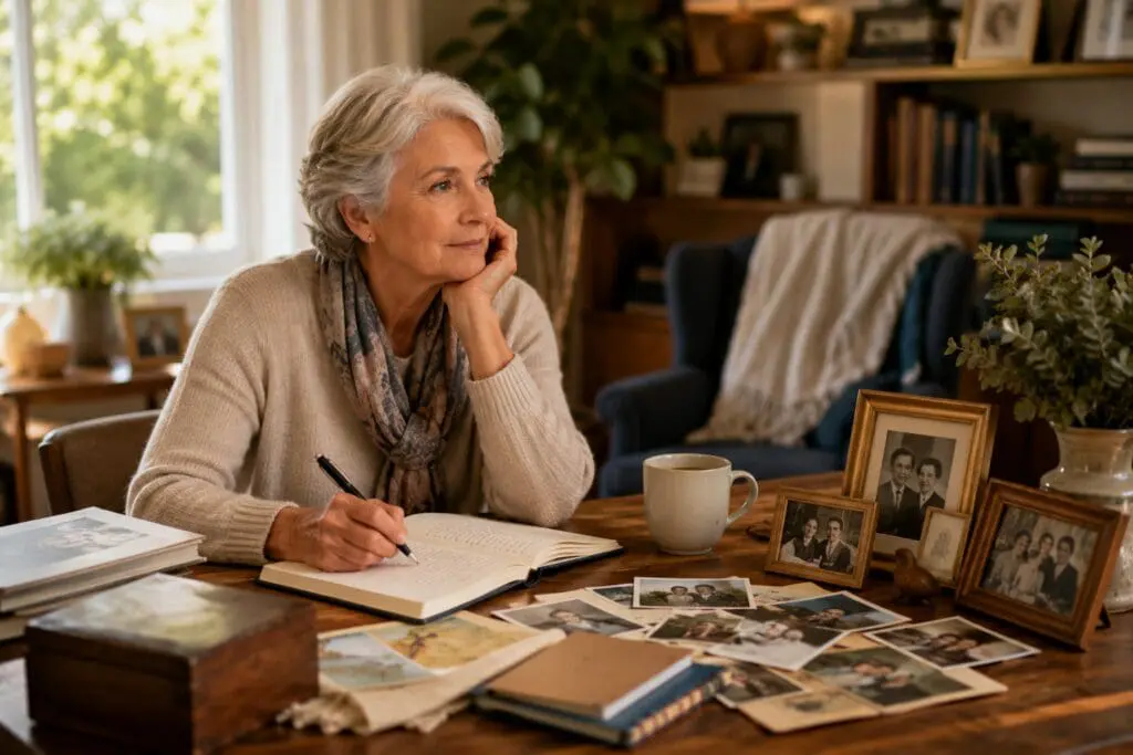 Older woman sits at a wooden table, writing in a notebook, surrounded by family photos and a mug in a cozy room.