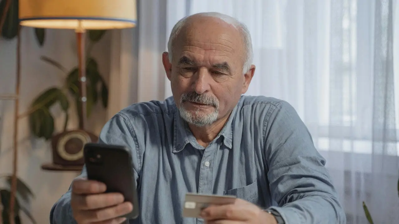 An older man with a grey beard sitting at a desk, looking intently at his smartphone while holding a credit card, with an open notebook and glasses in front of him.