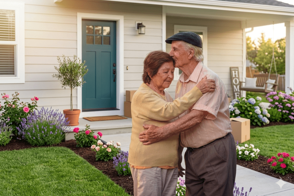 An elderly couple embracing affectionately in front of their new one-story suburban home, surrounded by moving boxes, a green lawn, and blooming flower beds.