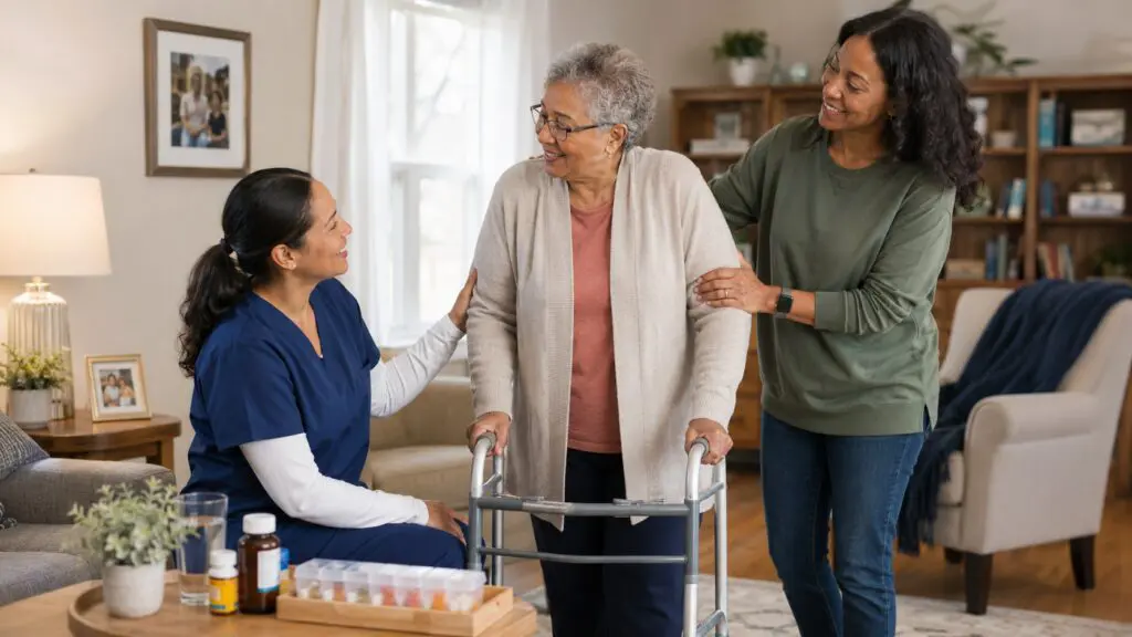 Older woman with a walker being assisted by two caregivers at home, one in blue scrubs and the other in a green shirt, in a cozy living room.