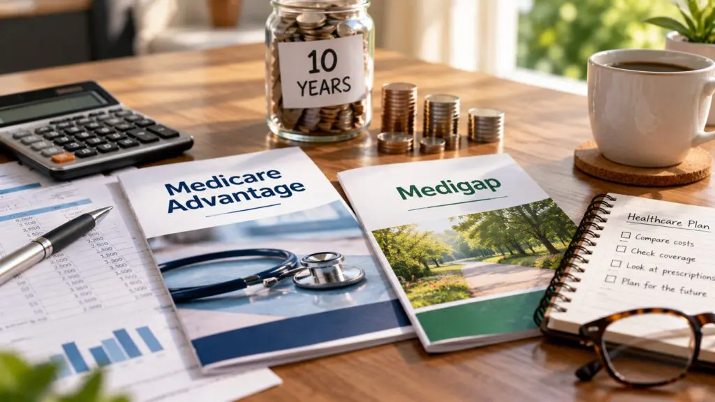 Medicare Advantage and Medigap brochures side by side on a desk, with a calculator, cost spreadsheets, a coin jar labeled “10 Years,” and a healthcare planning checklist.
