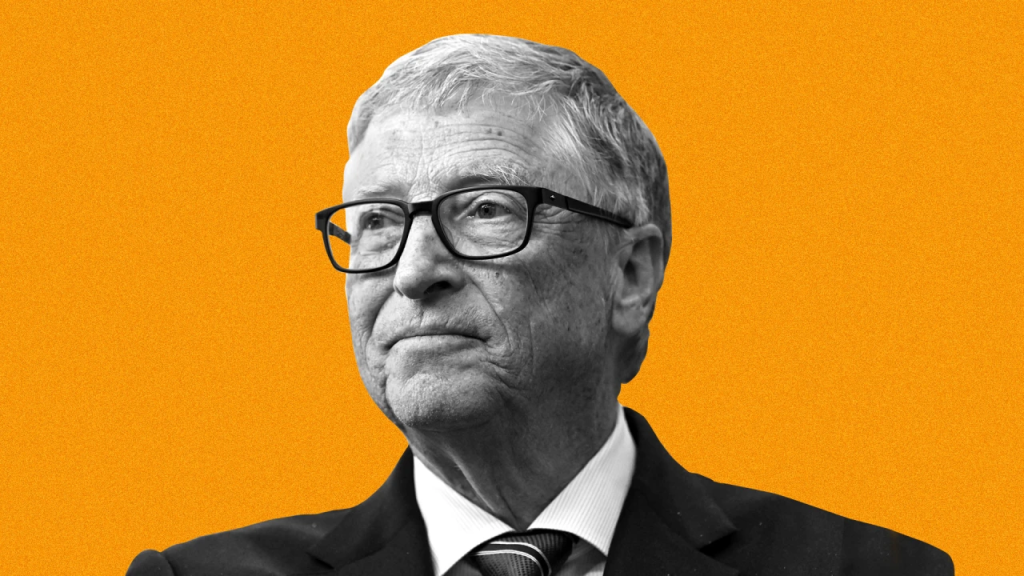A black and white portrait of Bill Gates, wearing glasses and a suit, set against a solid orange background.
