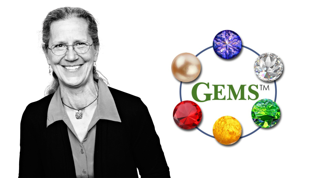 Teepa Snow, a woman with glasses and a friendly smile, next to a circular diagram of colorful gemstones labeled "GEMS™".